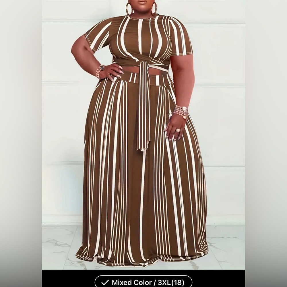Plus Size Chic Colorblock Striped Two-Piece Set - Comfortable Crew Neck Top